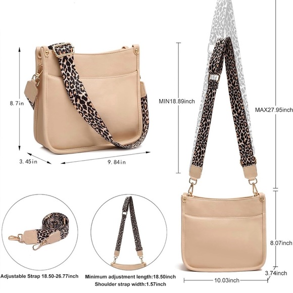 Crossbody Shoulder Bag with Adjustable Leopard Guitar Strap, Vegan Leather Beige - Picture 2 of 10